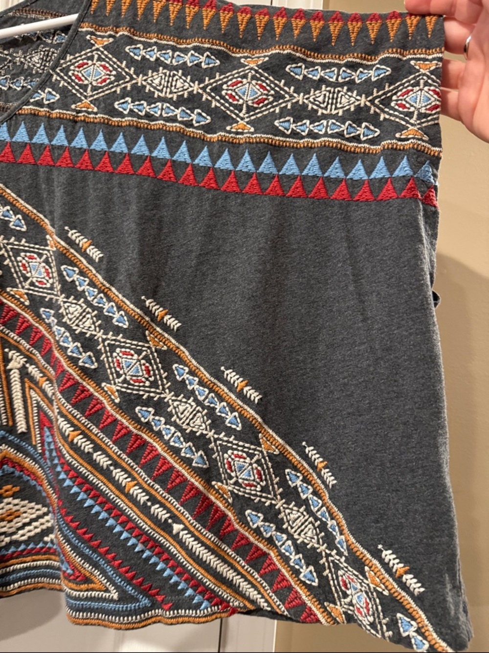 Johnny Was Short Sleeve Geometric Tribal Print Tee in Charcoal, Red, Blue, Gold - Picture 5 of 15